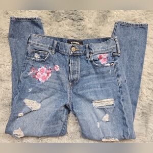 Express Women's Blue Distressed Jeans with Floral Vintage High Rise Skinny